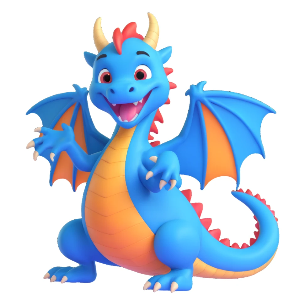 happy blue dragon, expressive face, playful pose, clean background sticker