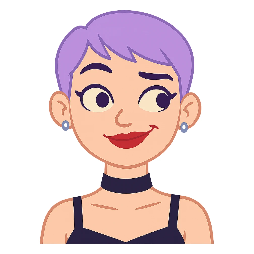 Make her raise her eyebrows and smirk, keeping the same style, pastel purple pixie hair, black choker, red lipstick, lip ring, and fashionista vibe. Transparent background. sticker