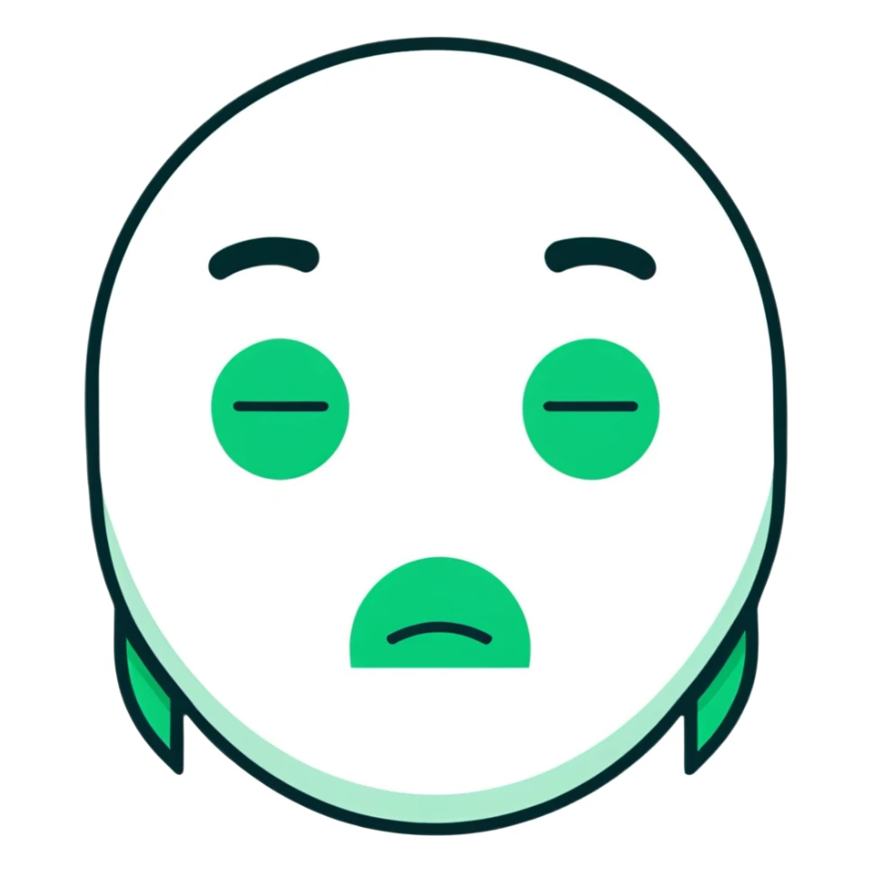 Minimalist Maya-style sad face emoji with no reply message, only white and deep green colors, flat design, clean lines sticker