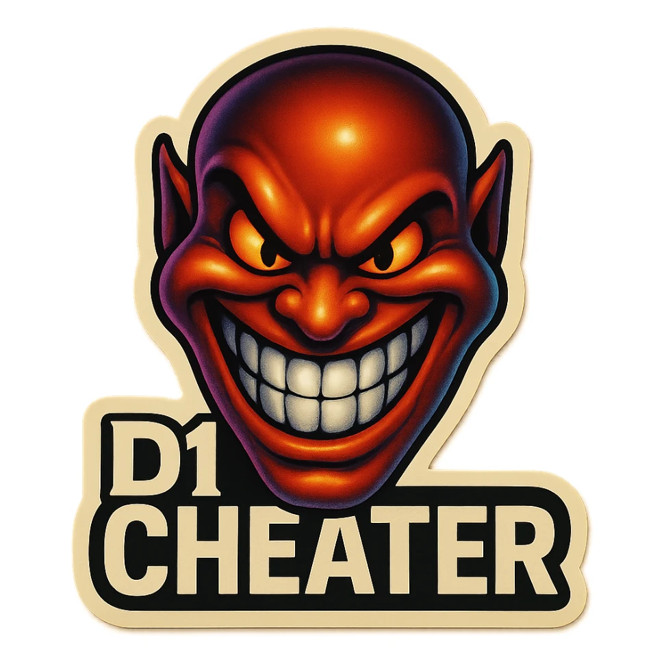 grin evil face
 add the words " D1 Cheater " in White sticker