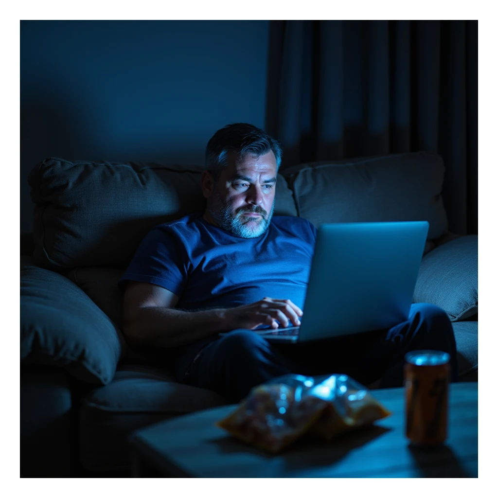 middle-aged man slouched on couch with laptop, dark circles under his eyes, empty snack bags and energy drinks on the coffee table, blue light from screens illuminating his tired face, hyperrealistic 4K details, evening atmosphere sticker