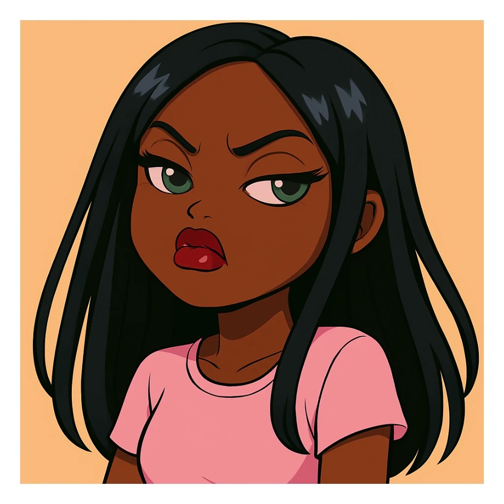 Remove the side-eye, make her look straight ahead with an angry, snooty attitude, nose turned up, headshot only, 20-year-old anime Bratz style woman with dark skin, straight hair, more casual outfit, big expressive eyes, glossy lips, no hat, no tears. sticker