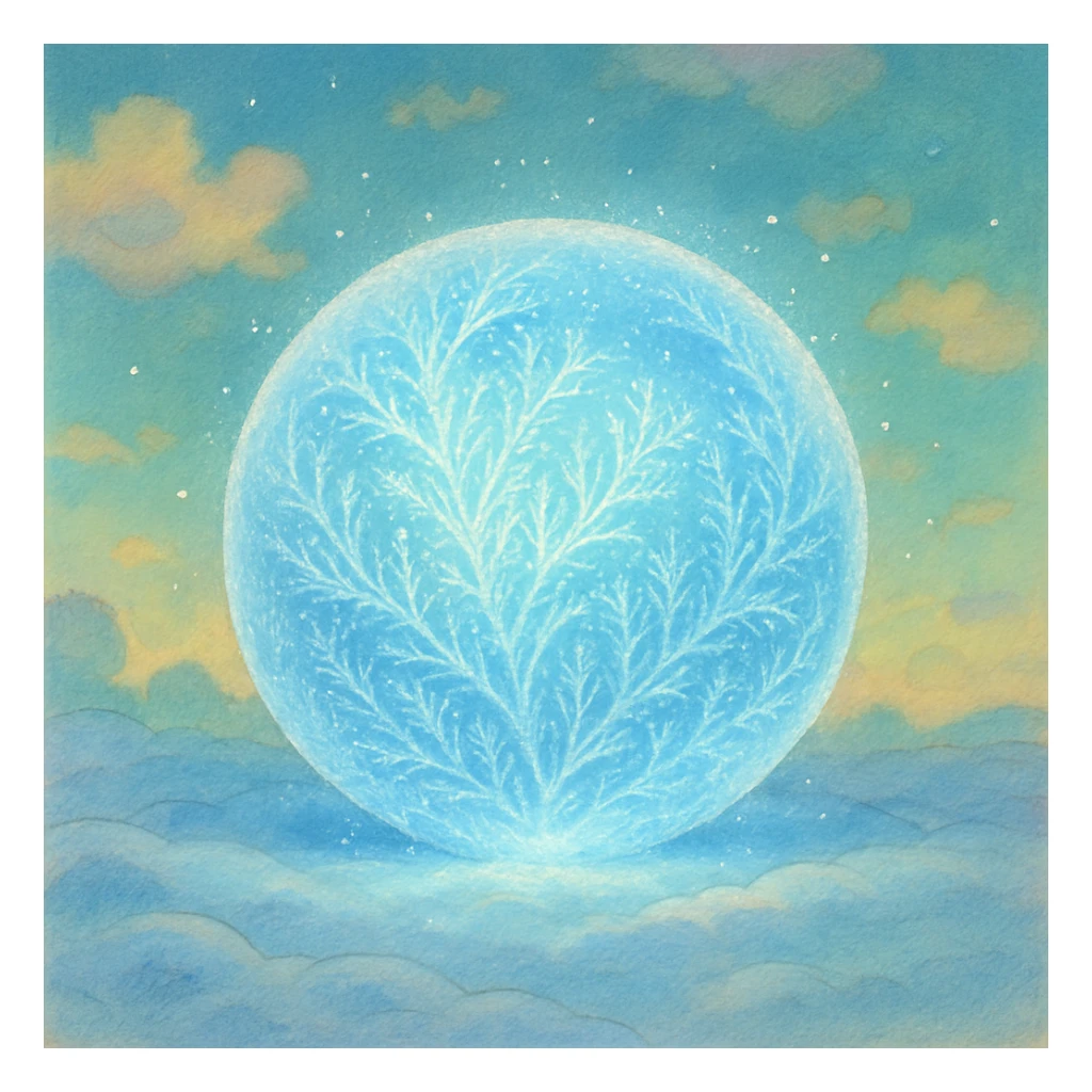 a frozen ball, shimmering with a frosty glow, ghibli-inspired style sticker