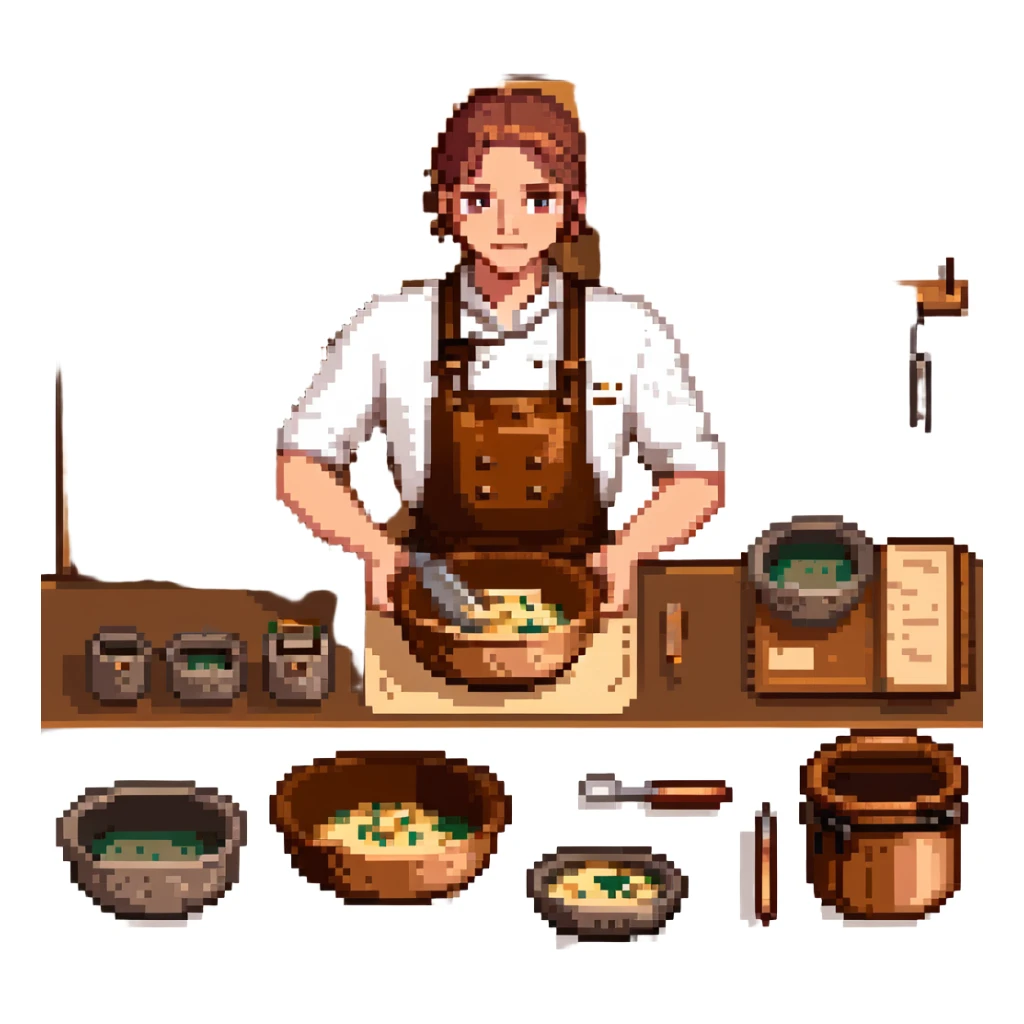 A confident journeyman baker working with copper mixing bowls, enamel measuring cups, and a leather-bound recipe book. The environment features warm lighting, brass utensils, and stitched cloth textures. UI elements resemble embossed leather tabs and metallic buttons. sticker