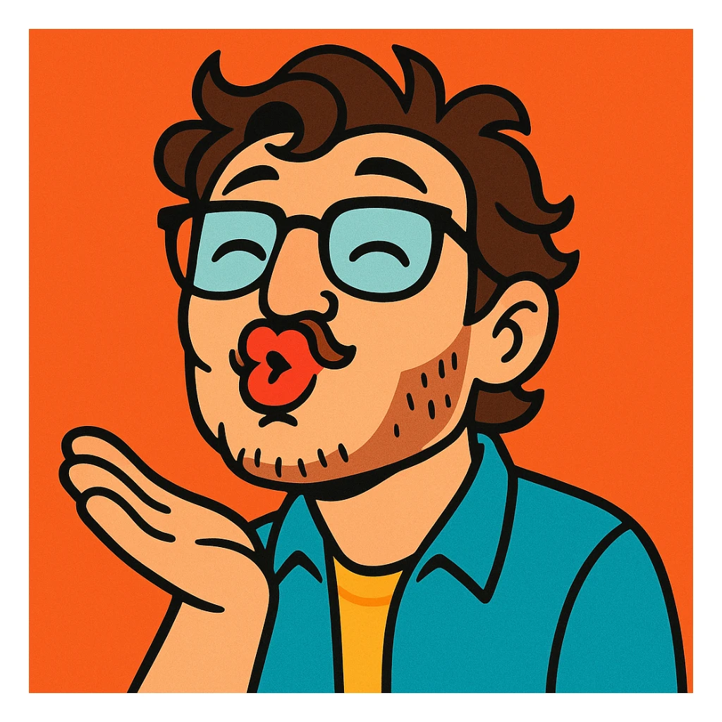 Pedro Pascal with glasses, puckering lips for a kiss, playful and charming, fun and expressive style, cute and animated, warm and friendly expression sticker