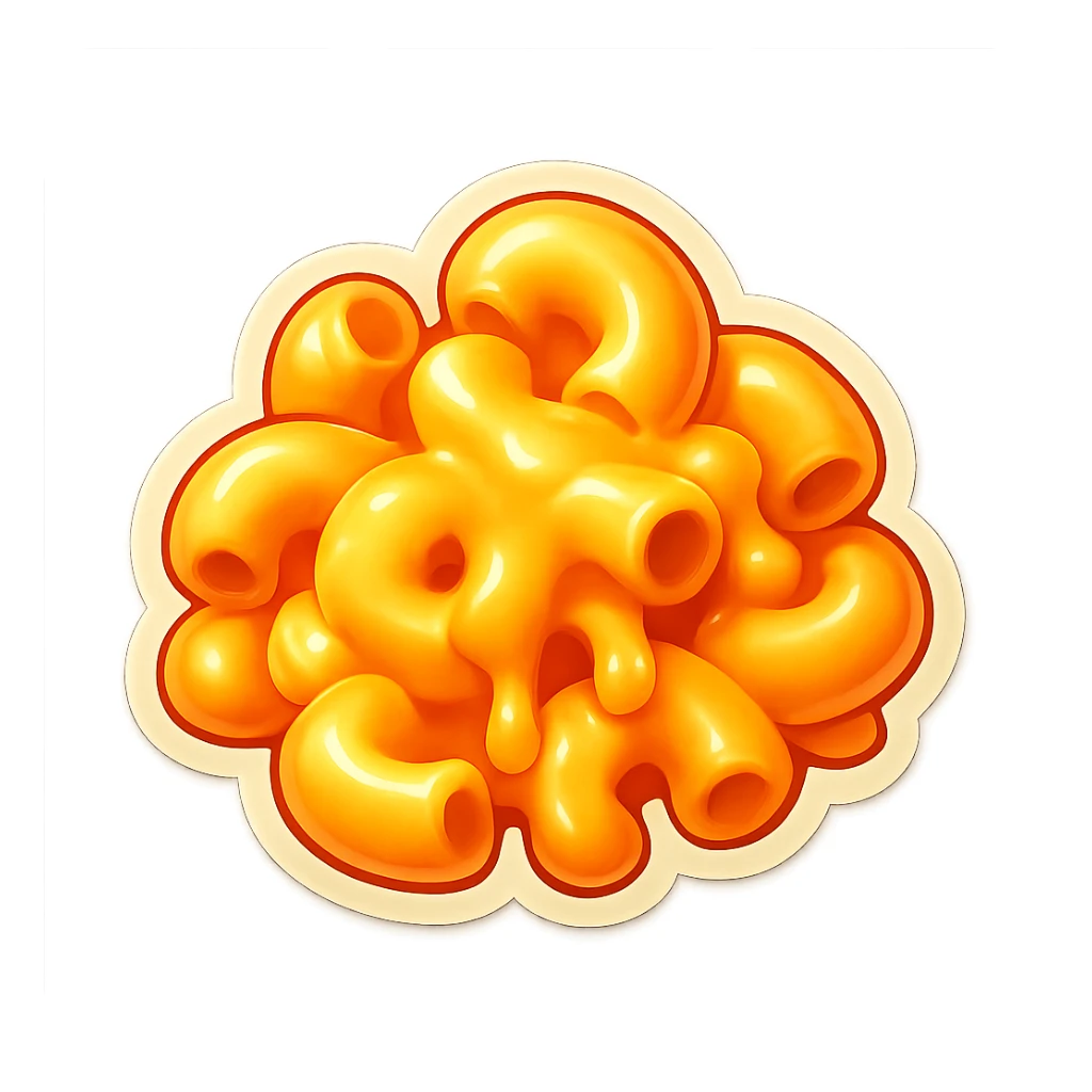Remove all text and inscriptions. Keep only the appetizing macaroni with a large amount of cheese, in the same style as the original retro stickers style. sticker