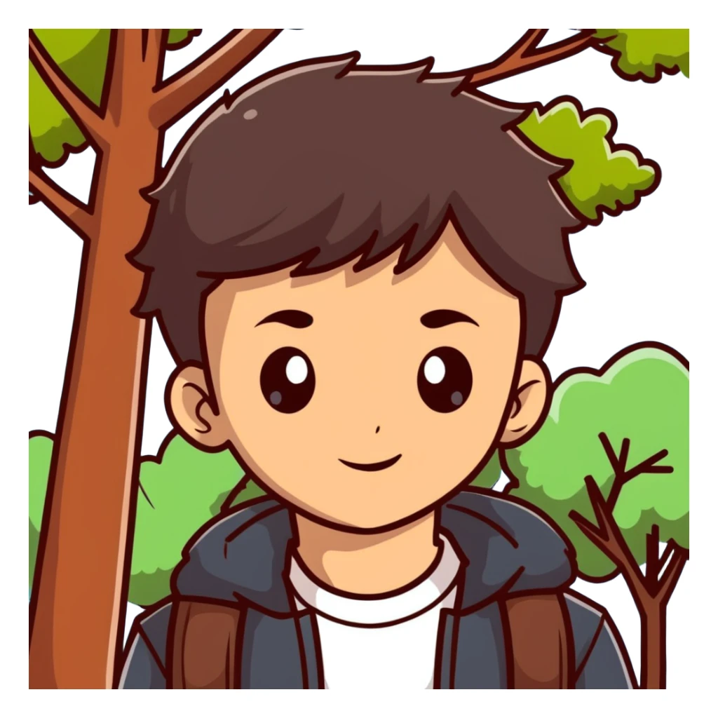 boy with straight brunette hair brown eyes and tree behind sticker