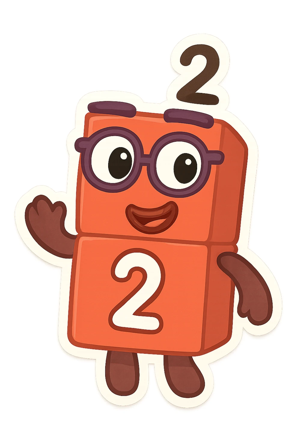 Numberblock 2, a block character with the number 2, inspired by the Numberblocks show, friendly and simple, bright colors, suitable for kids, cartoon style sticker