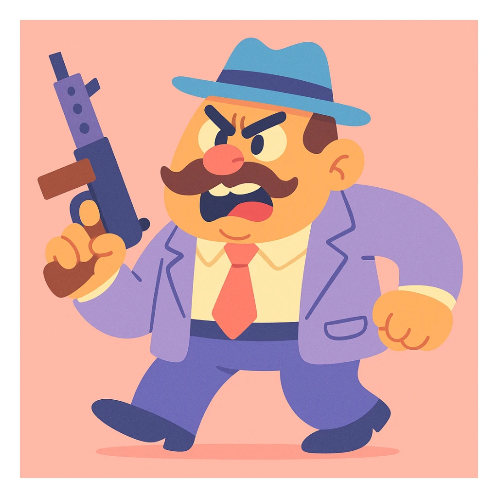 gangster character, highly cartoonish, exaggerated pastel toon style sticker