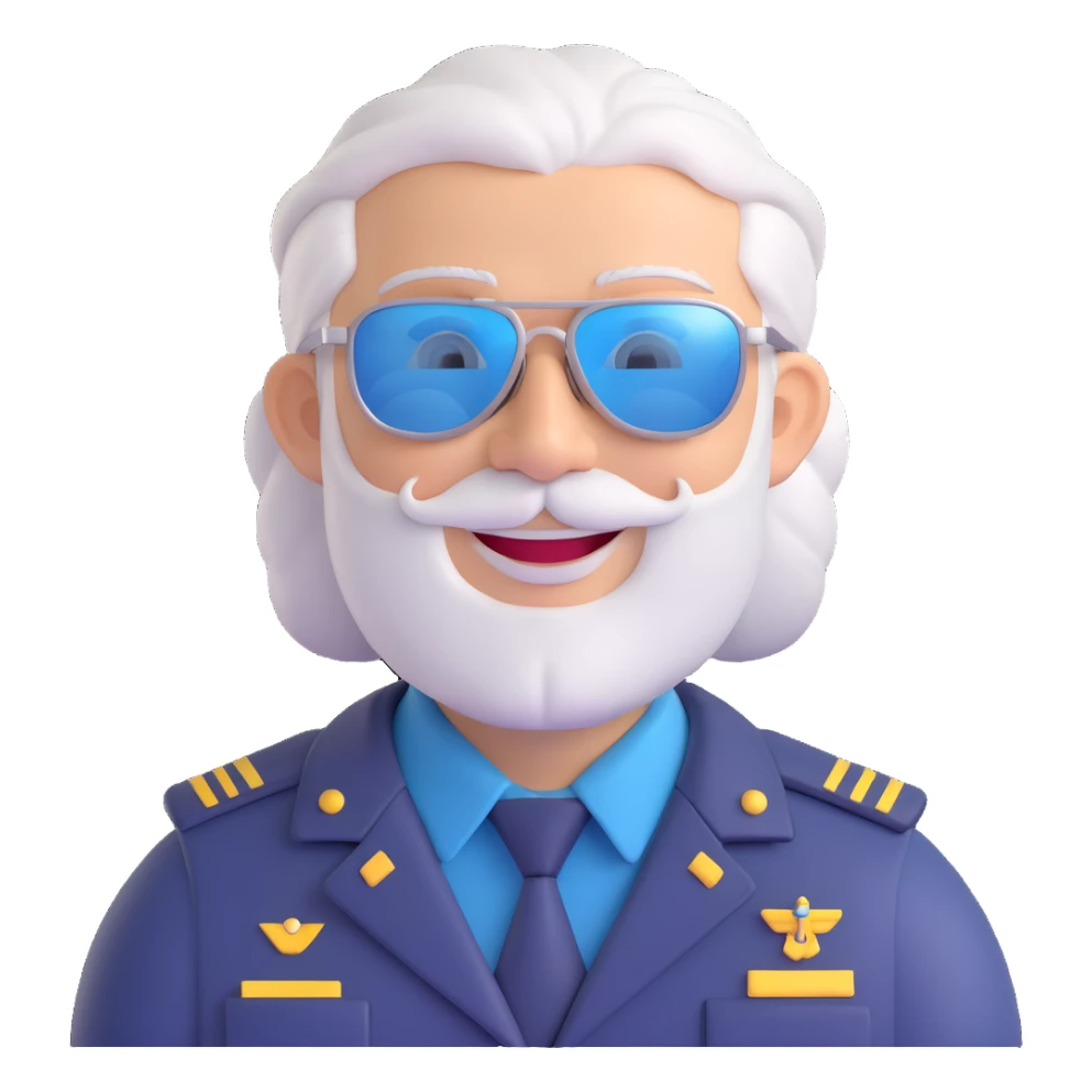 middle-aged pilot, silver hair, beard, fair skin, smiling, wearing sunglasses sticker