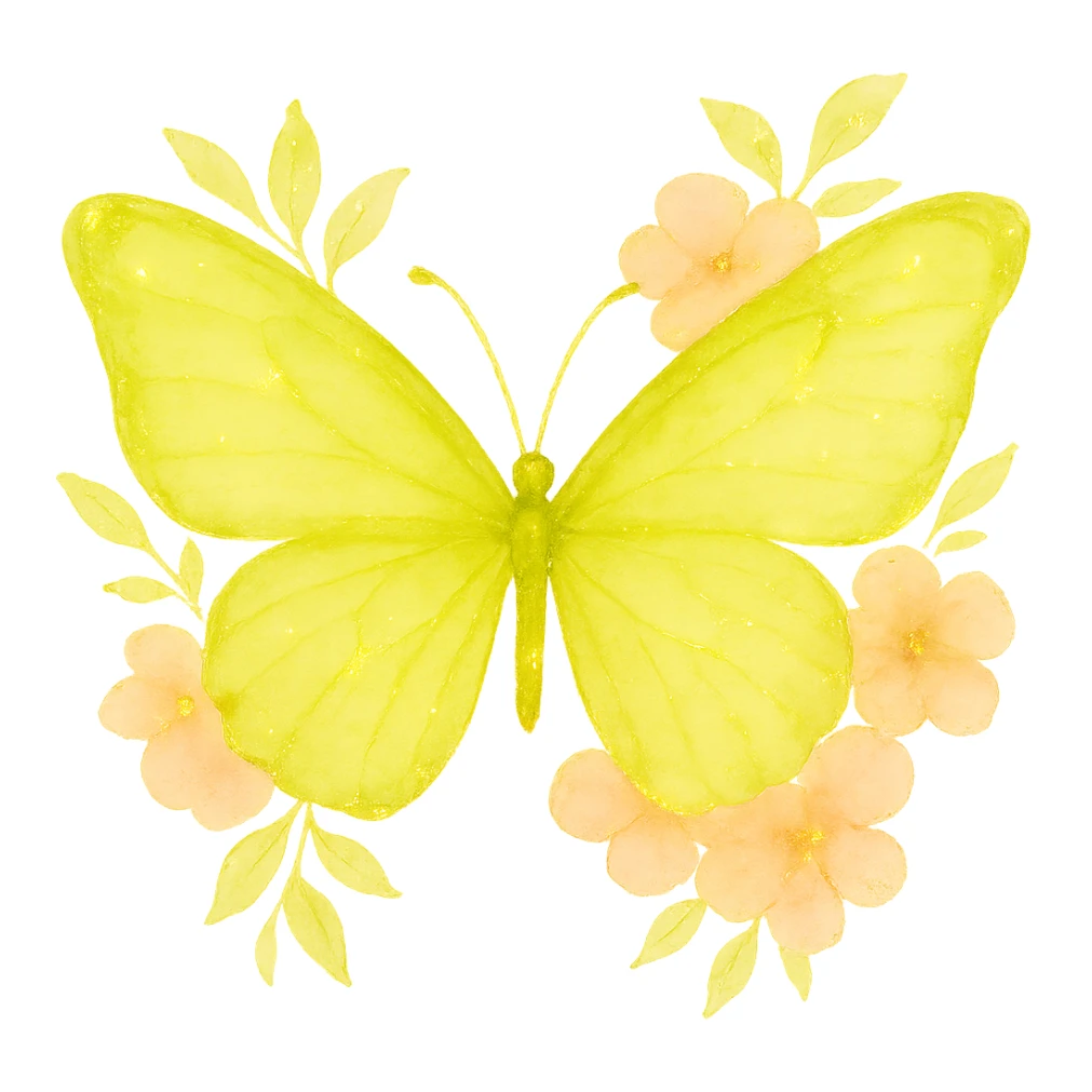 Create a one-to-one butterfly and flowers as in the example image. The butterfly should be green with color #c0ff53, and the flowers should be bright pink. Add more luxury with glossiness, glowing effects, and subtle gold details. Use a watercolor art style. Remove the background. sticker