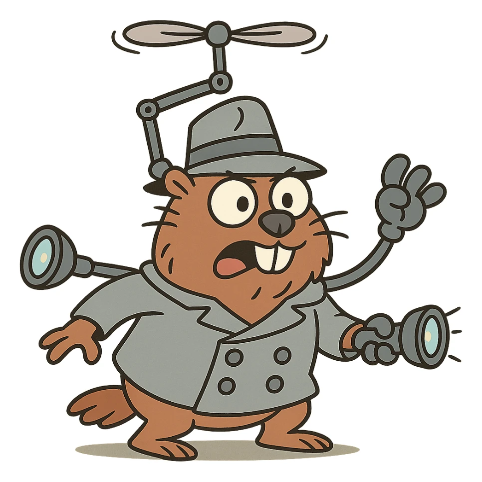 cartoon gopher with Inspector Gadget-style gadgets, whimsical and fun, playful and animated look sticker