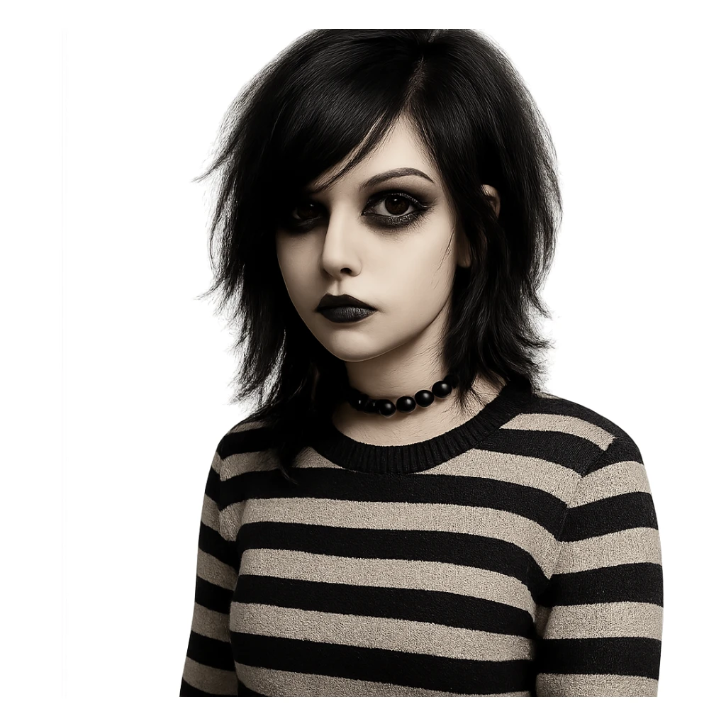 emo girl with striped sweater, side-swept bangs, gothic makeup sticker