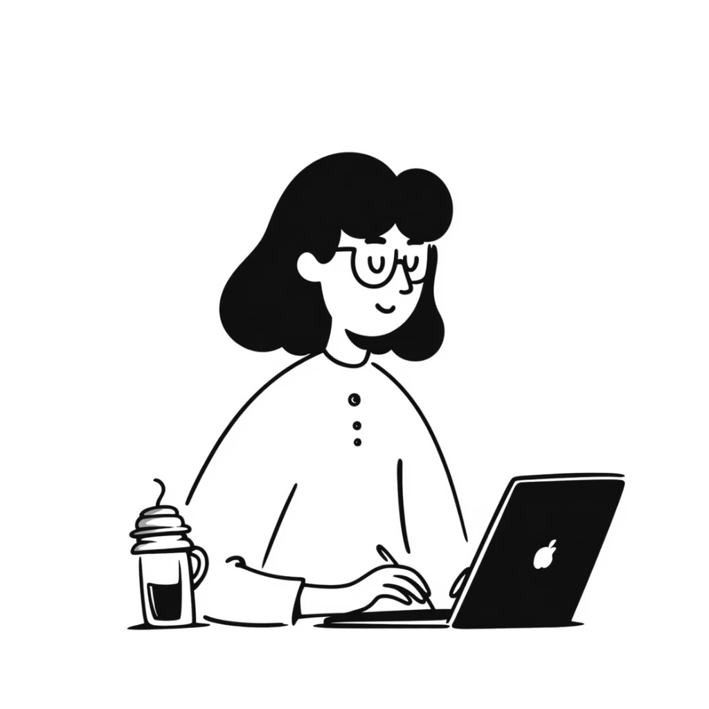 blonde writer woman wearing glasses working on a laptop sticker