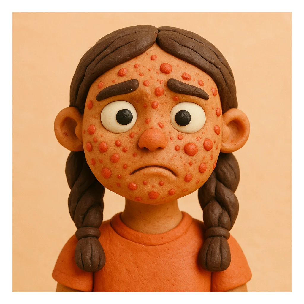 claymation style chica con acné en el rostro, fondo pastel sticker