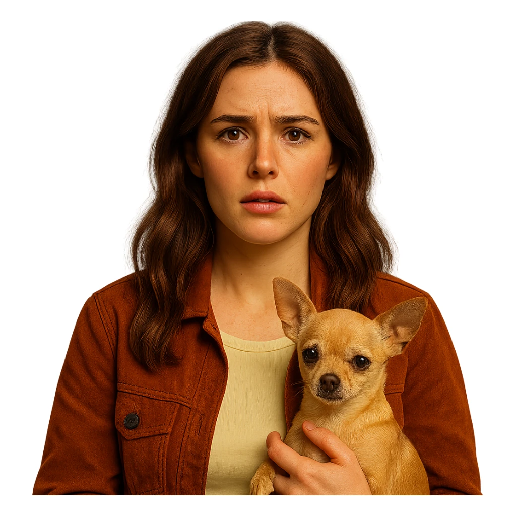 Portrait centered for Instagram profile picture, inspired by the facial features visible in the reference images, with a tanned complexion, subtle freckles, shirt color #FFF8CA, rust-colored jacket, medium-length brown hair with auburn highlights, perplexed and questioning expression, holding a beige-brown chihuahua, Netflix series style, transparent background, intimate Tenerife ambiance. sticker