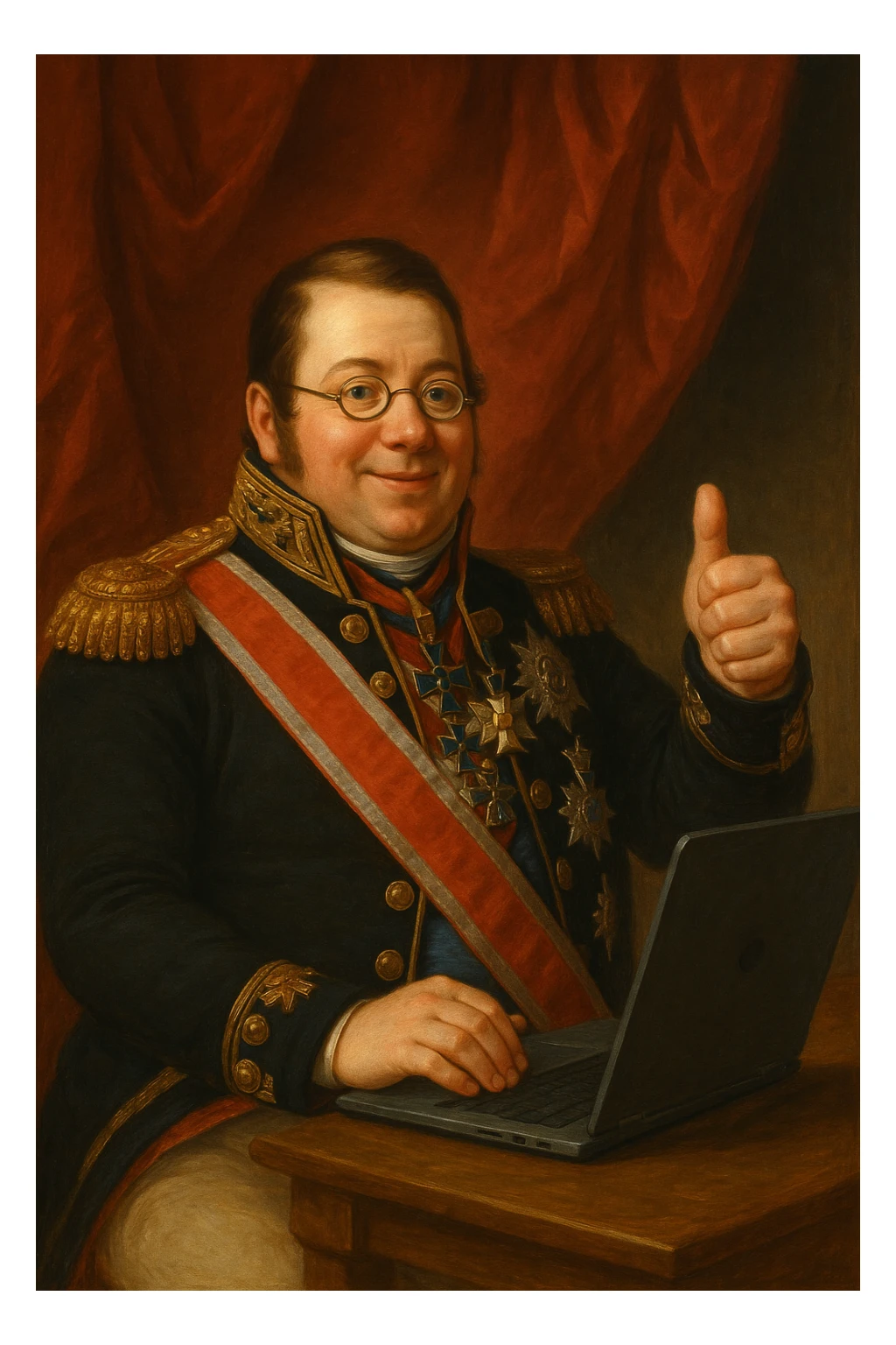 Павел Николаевич Демидов сидит за ноутбуком, и довольный поднимает палец вверх что он решил какую-то задачу, рисованный стиль sticker