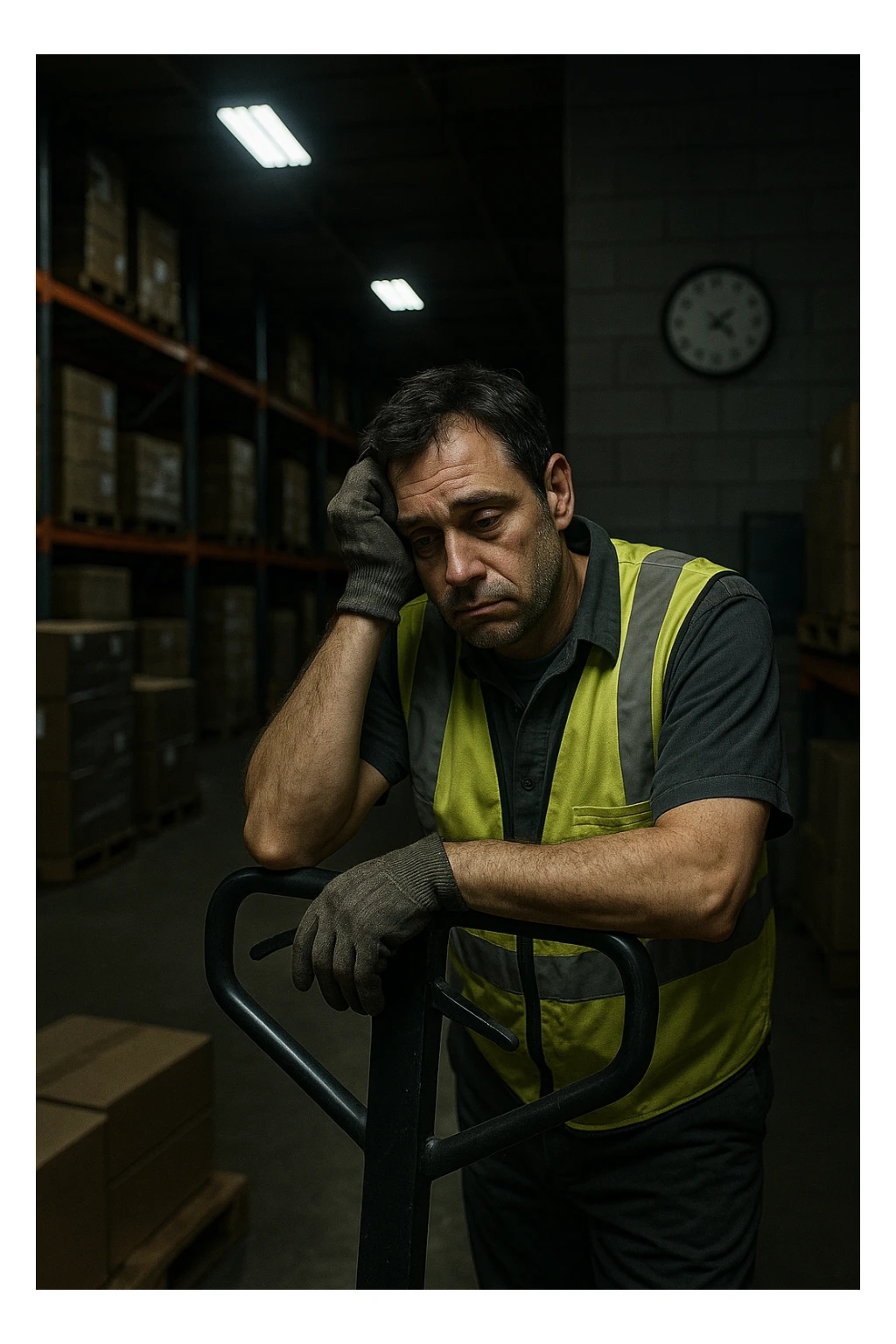 a tired warehouse worker in his 40s, wearing a reflective vest and work gloves, stands under harsh fluorescent lights in a large, dimly lit warehouse. He leans on a pallet jack, eyes heavy with fatigue and dark circles under them. Stacks of boxes and shelves loom in the background, and a wall clock shows it’s the middle of the night. The mood is somber and empathetic. sticker
