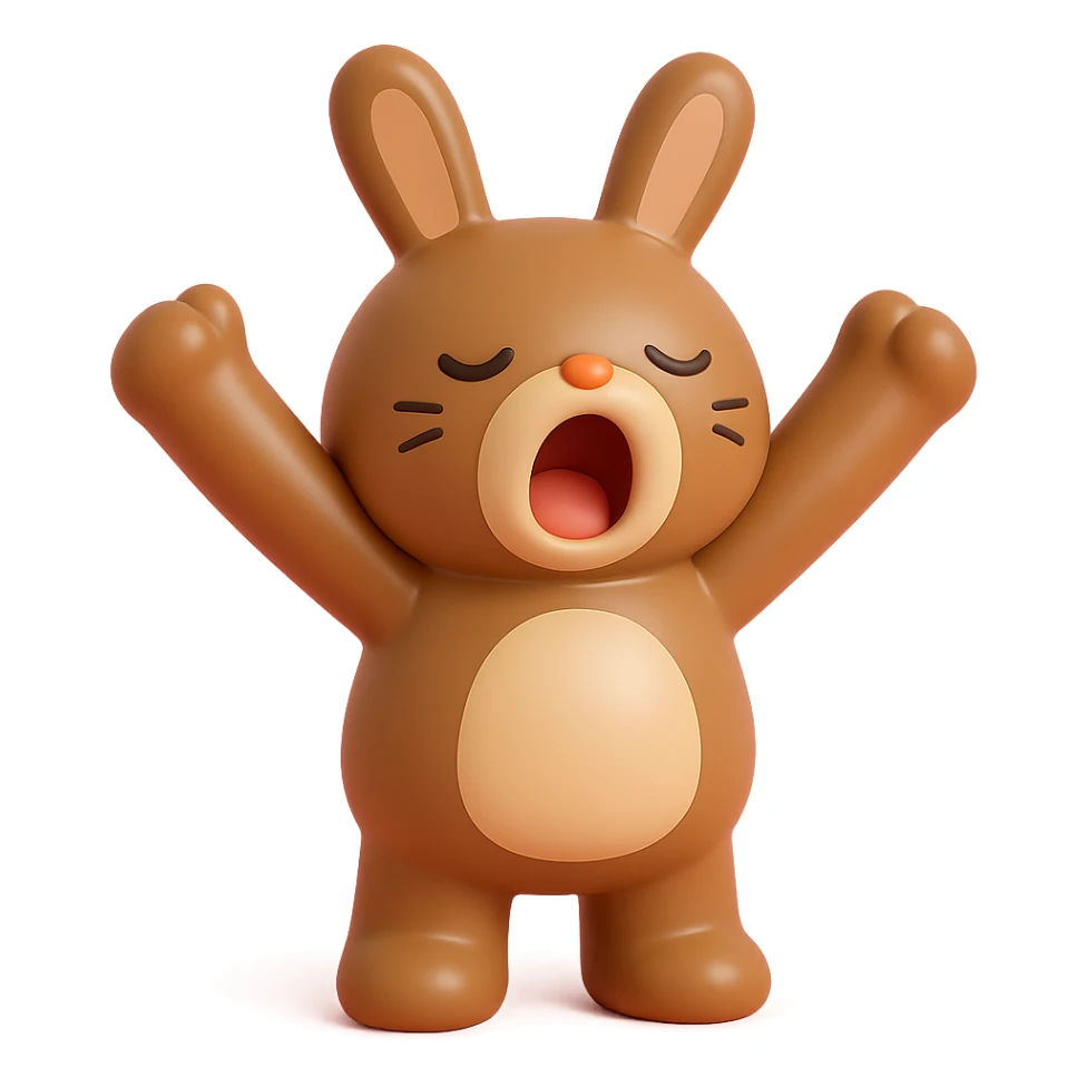 brown bunny stretching arms while yawning, vinyl figure style sticker