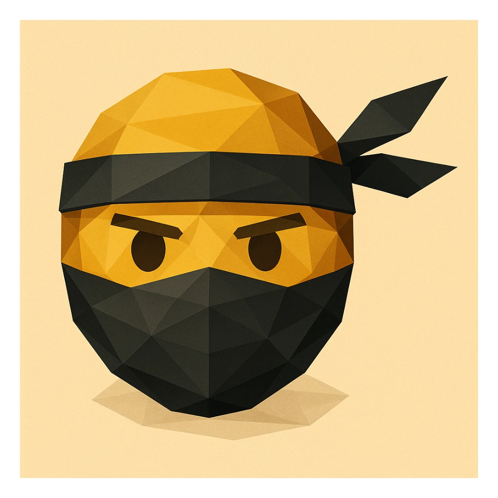 ninja emoji, masked face, headband with long tails, low-poly geometric shapes, modern look, polygonal icon style sticker