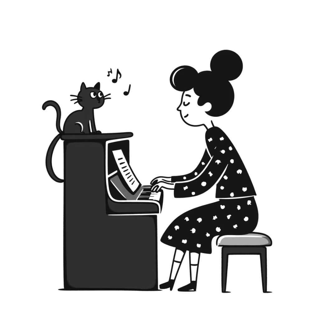 woman playing piano while her cat sits on top of the piano sticker
