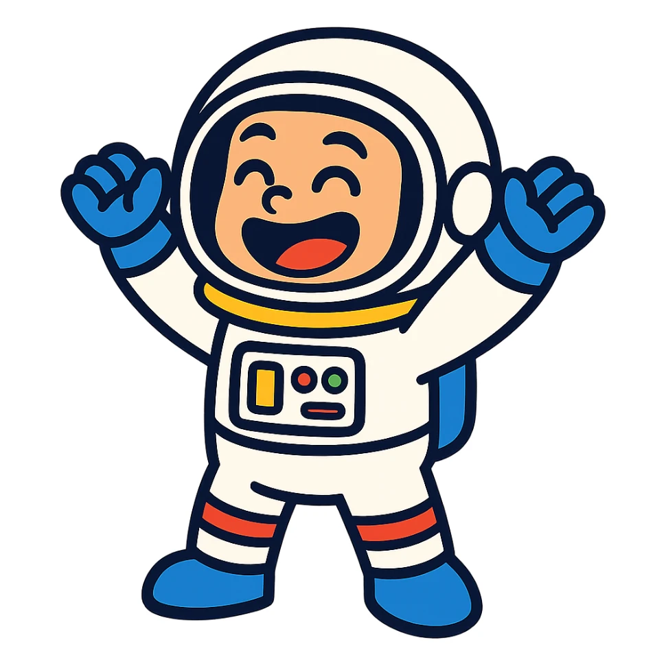little astroneer with white suit and white helmet, very happy sticker