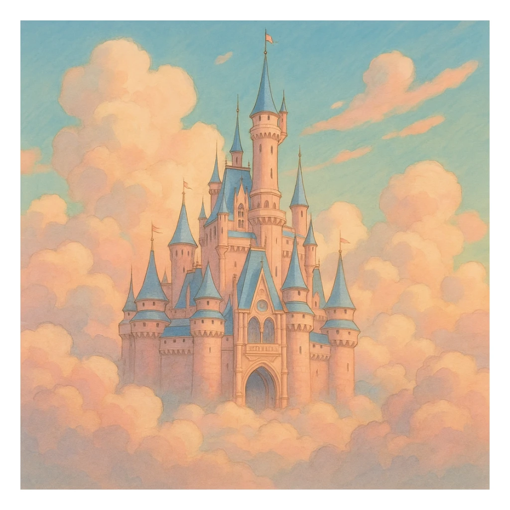 a disney castle, pastel colors, surrounded by clouds, fairytale style sticker