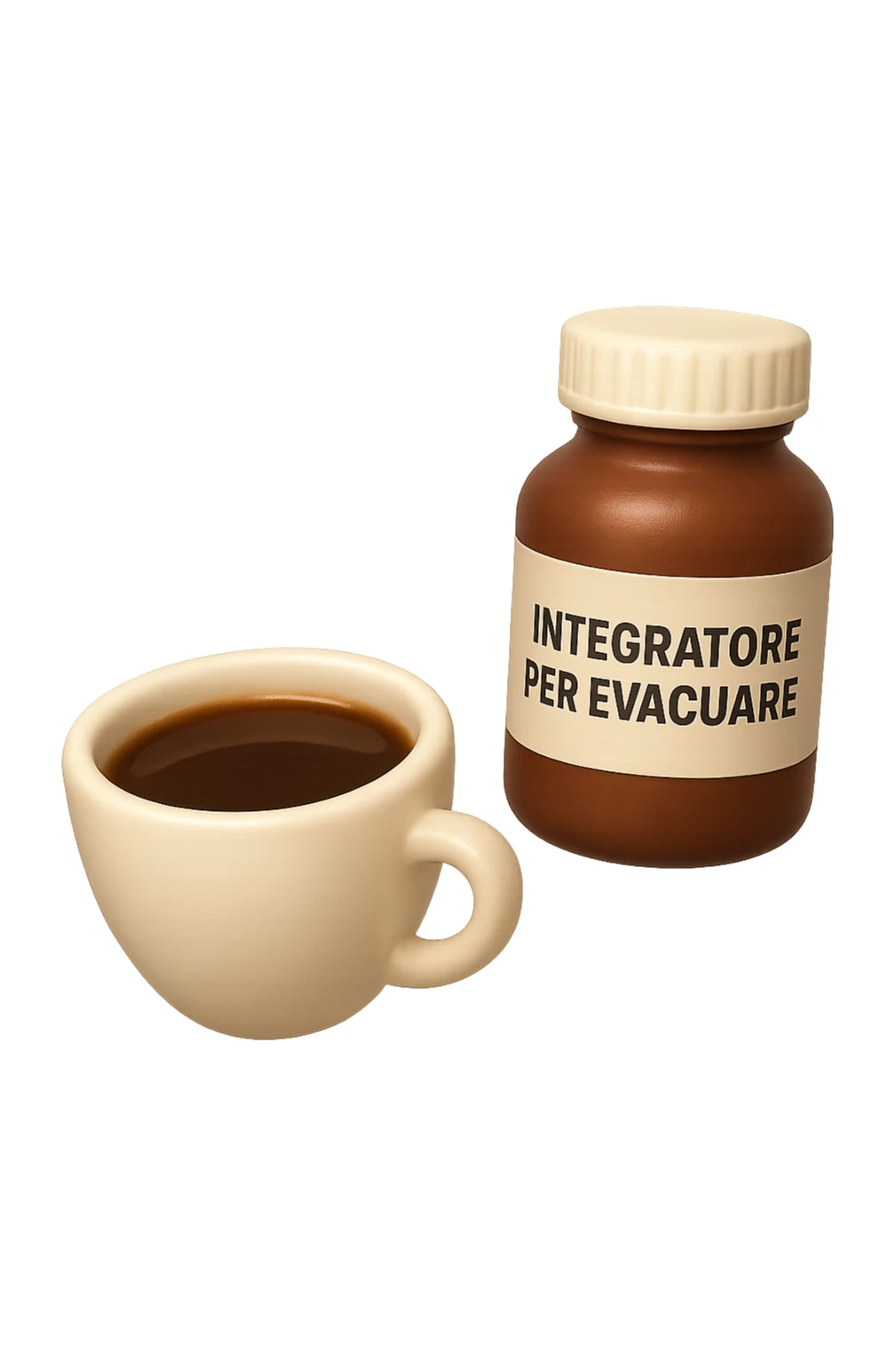 EMOJI STILE IPHONE 3D DI un caffè e di una boccetta di integratore con la scritta "INTEGRATORE PER EVACUARE" SULL'ETICHETTA CHE FLUTTUANO IN ARIA, iperrealistico 4k sticker