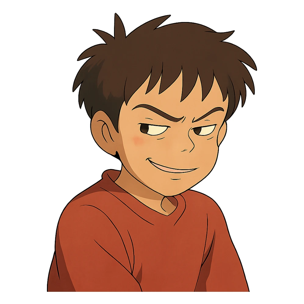 ghibli style character with a sly, suspicious look sticker