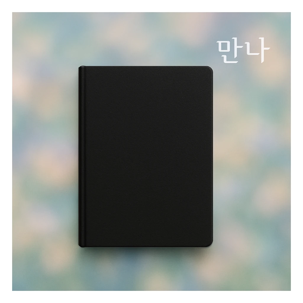 black notebook with soft dreamy blurred photo background, '만나' in white at the upper right, very simple style sticker