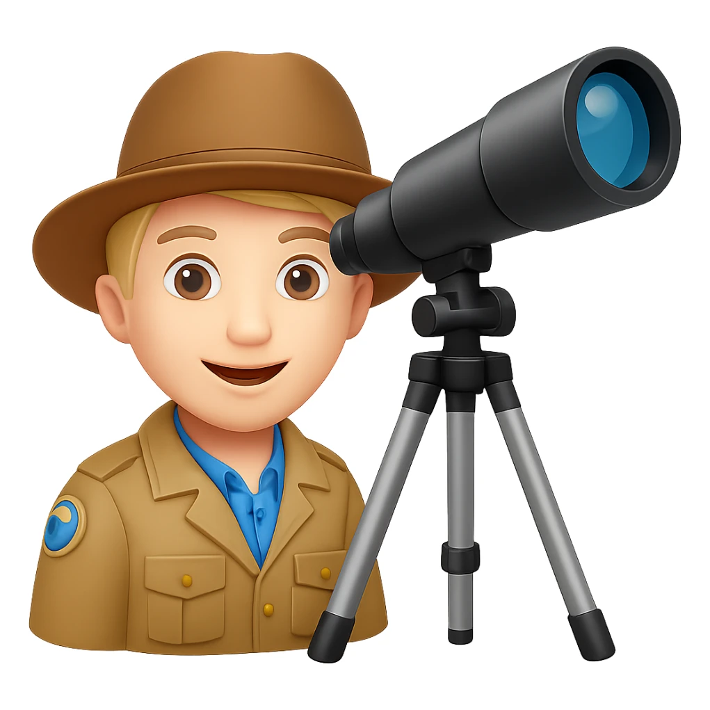 Make the telescope much bigger, keep the explorer happy, in emoji style with no background. sticker