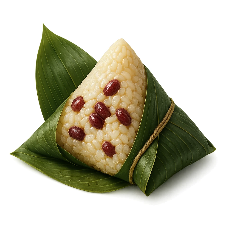 zongzi with visible sticky rice and red bean filling, wrapped in green bamboo leaves, for Dragon Boat Festival sticker