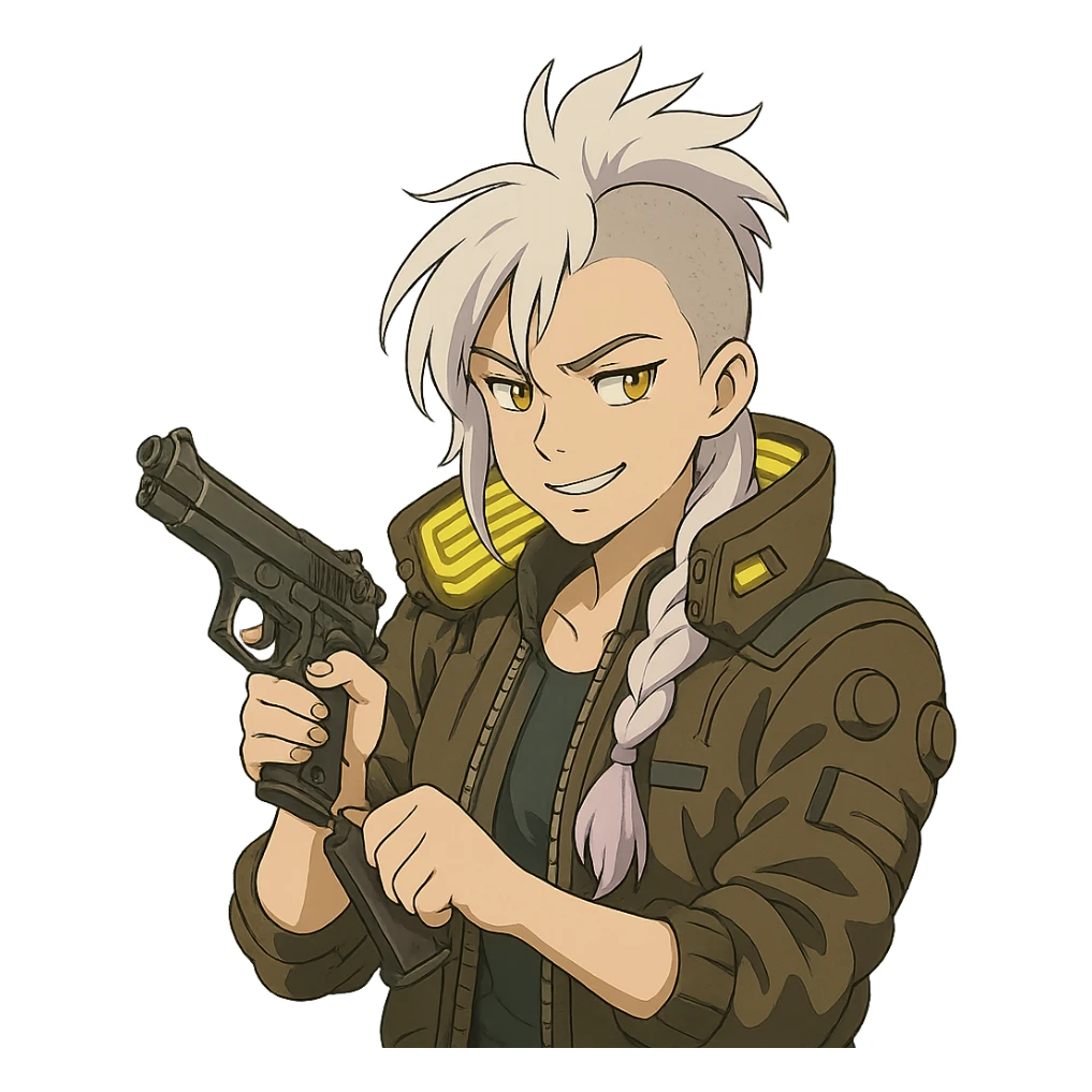 1 female, gold yellow eyes, white hair lavender tips, long white braid, unruly locks in front, mohawk, wearing trademark cyberpunk jacket with the lit up inner collar, reloading a m9 pistol with a smirk sticker
