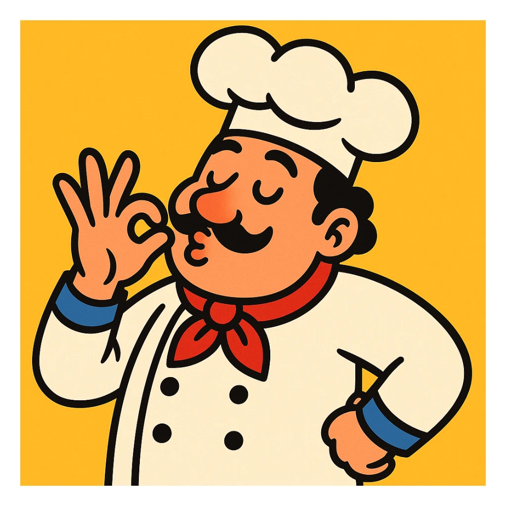 chef making a kiss gesture, fingers to lips, playful, cartoon style sticker