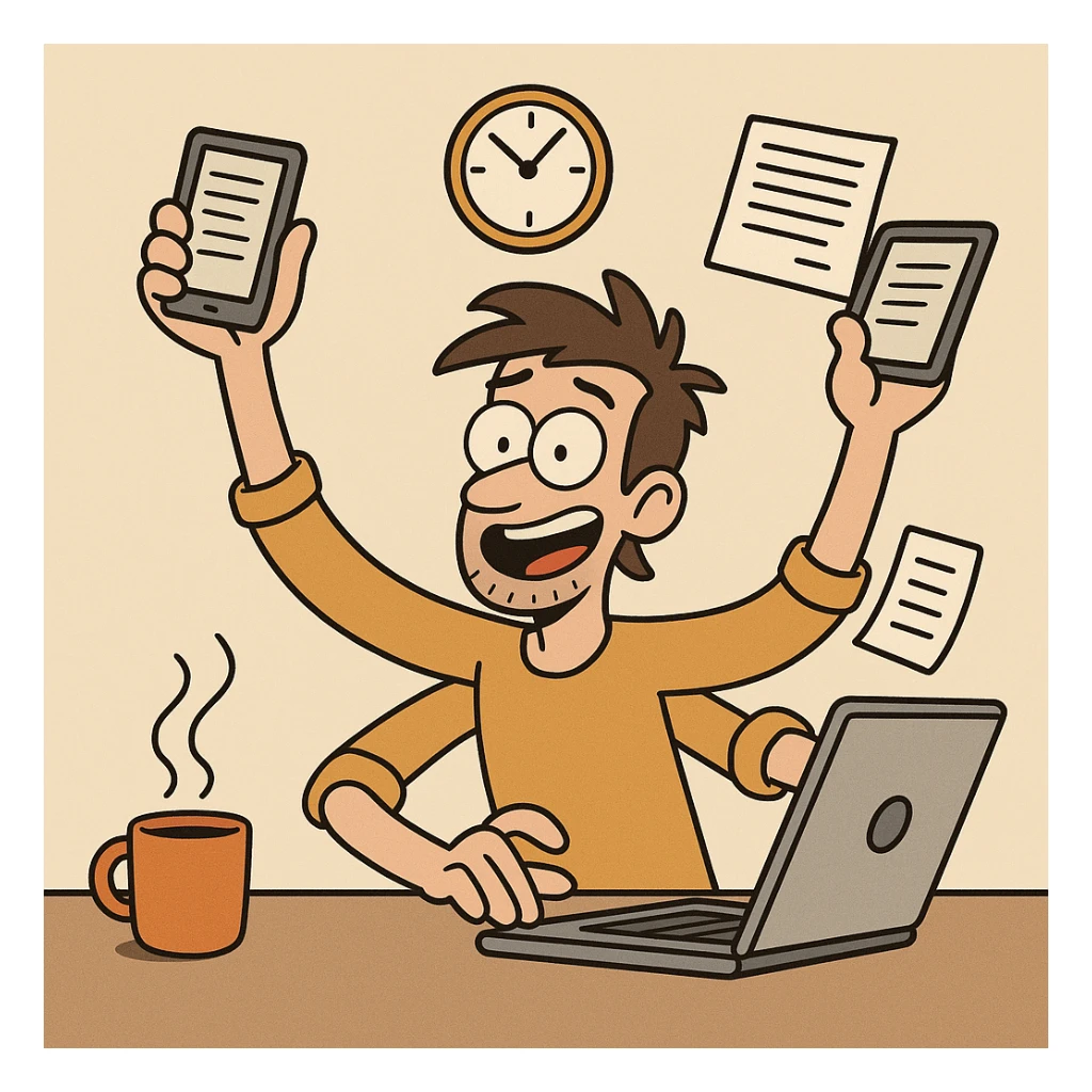 a freelancer juggling multiple tasks, energetic style sticker