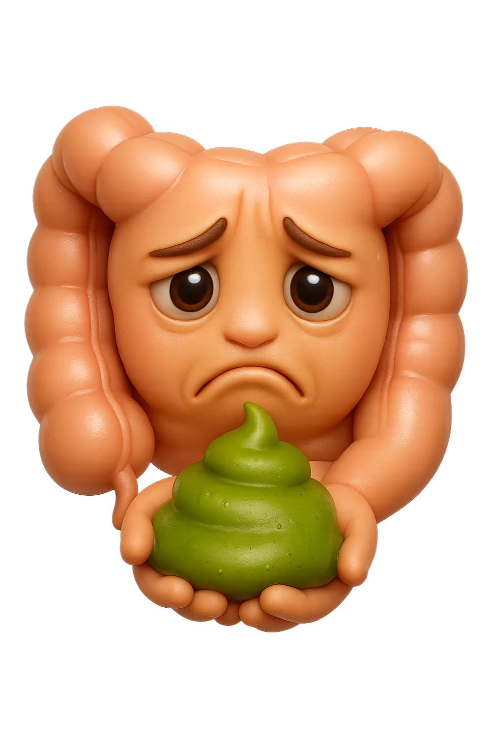 emoji stile iphone 3d di un intestino con espressione triste con cacca verde e liquida in mano , iperrealistiche 4k sticker