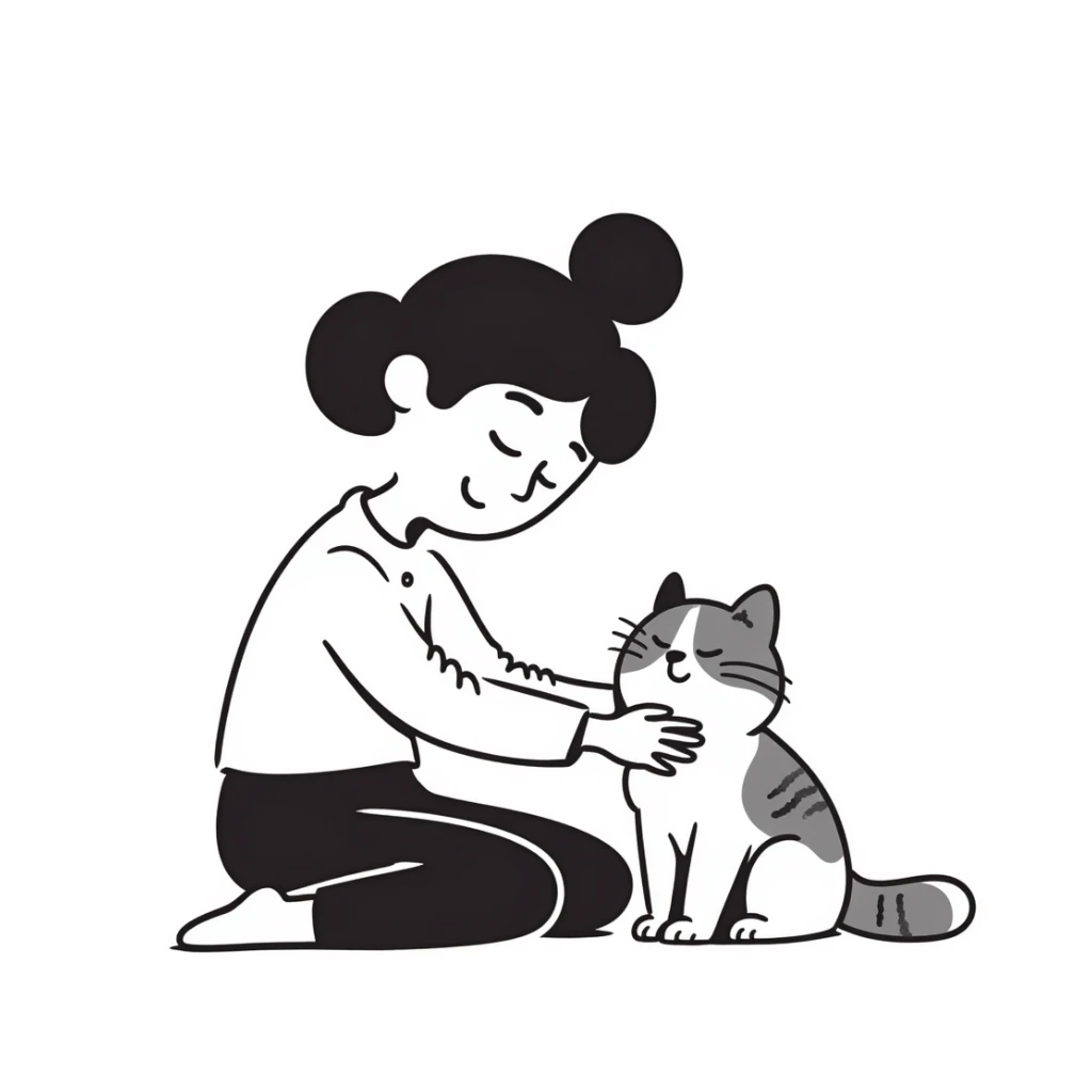 brown-haired Asian girl with her blue and white Manchikon cat, both happy sticker