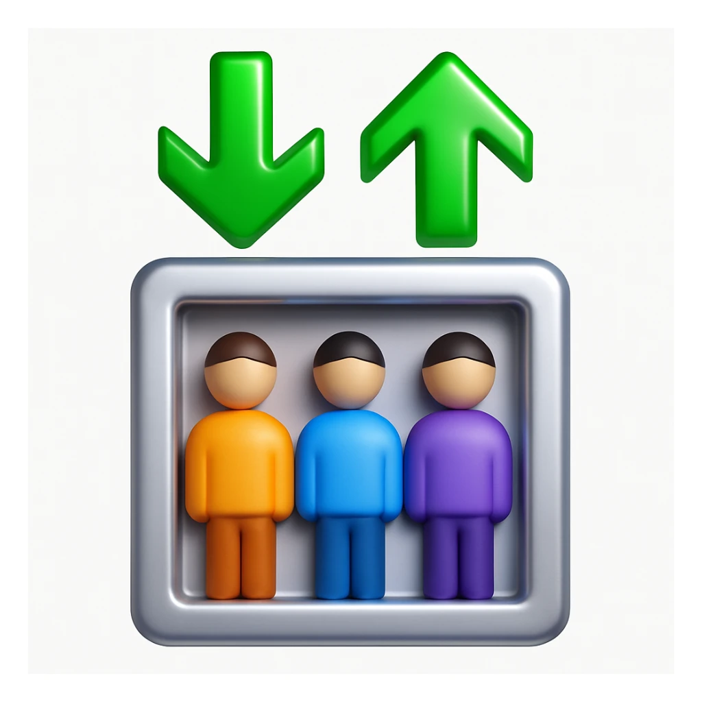 Convert this elevator icon to a 3D emoji style with a metallic silver elevator and green arrows, three people inside. The style should be glossy and vibrant, resembling Microsoft style 3D fluent emojis. sticker