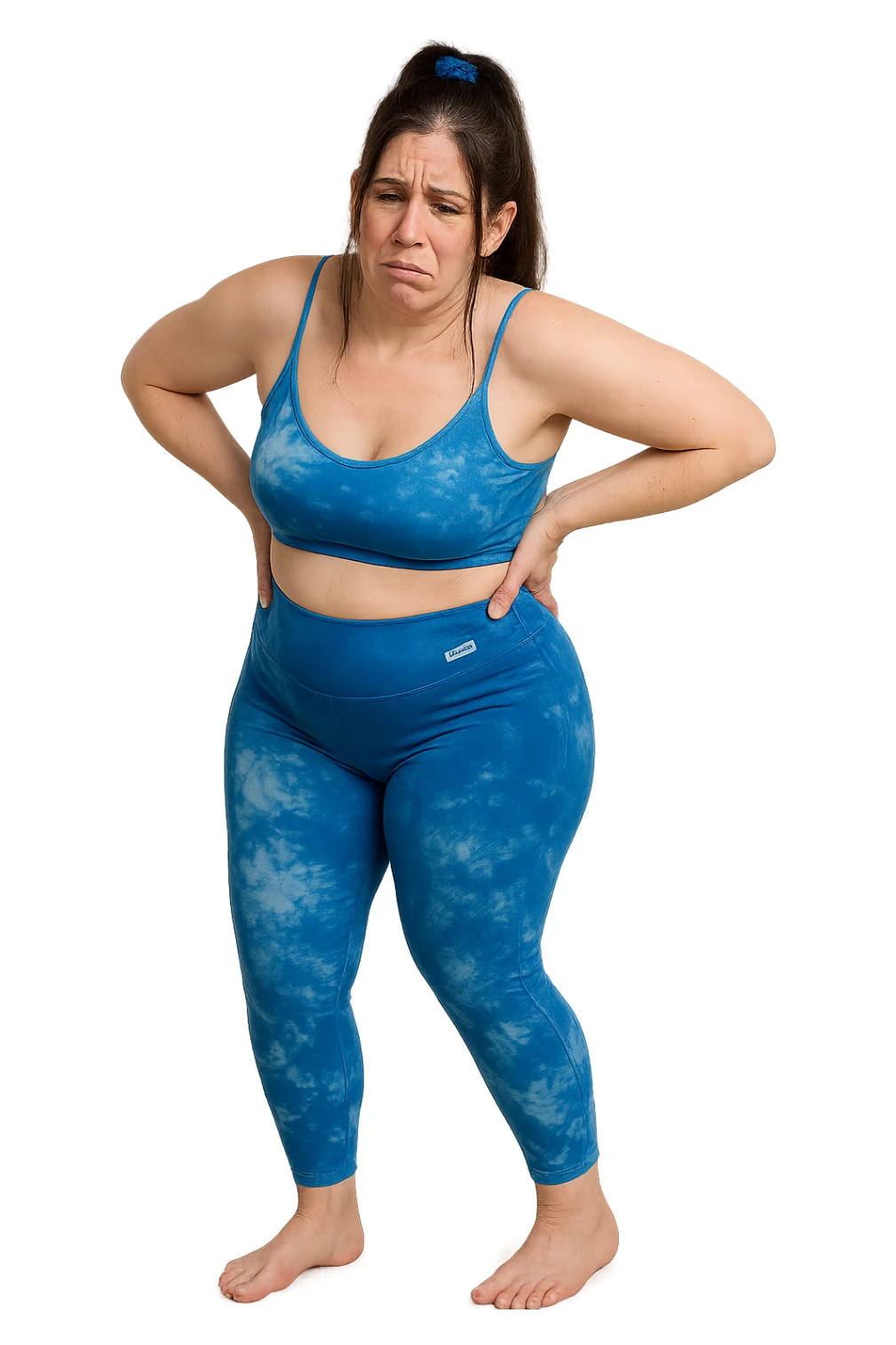 a woman in her 30s  holding her lower back with a pained expression. Subtle visual cues, like uneven shoulders or hips, hint at postural asymmetry. symbolizing chronic pain over the years. vista anatomicamente non farla troppo grassa sticker