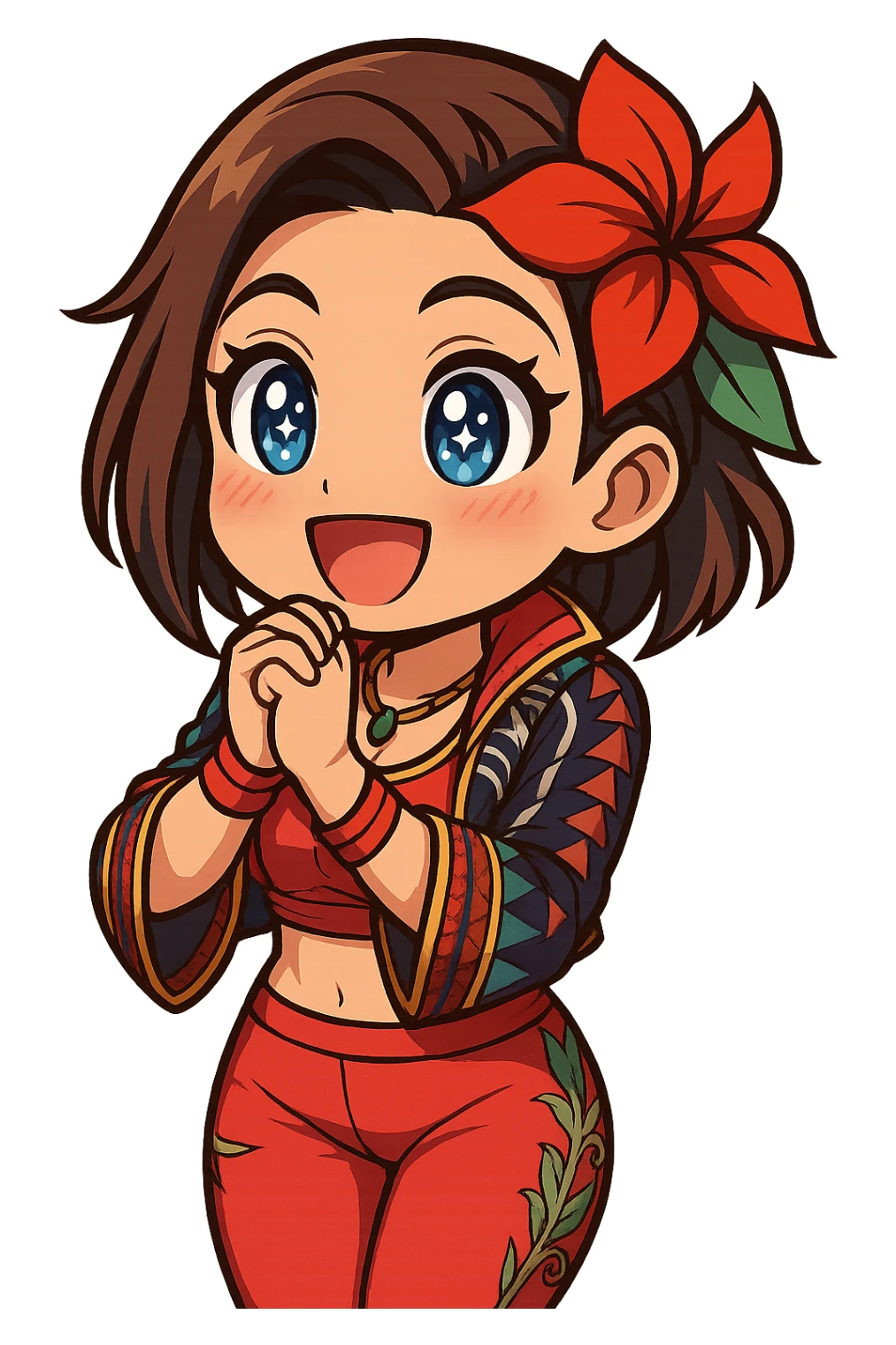 Azucena from Tekken 8 in chibi sticker style, with sparkly eyes and hands clasped in excitement, wearing the detailed red and patterned outfit from the reference images, designed for Twitch emote use. sticker