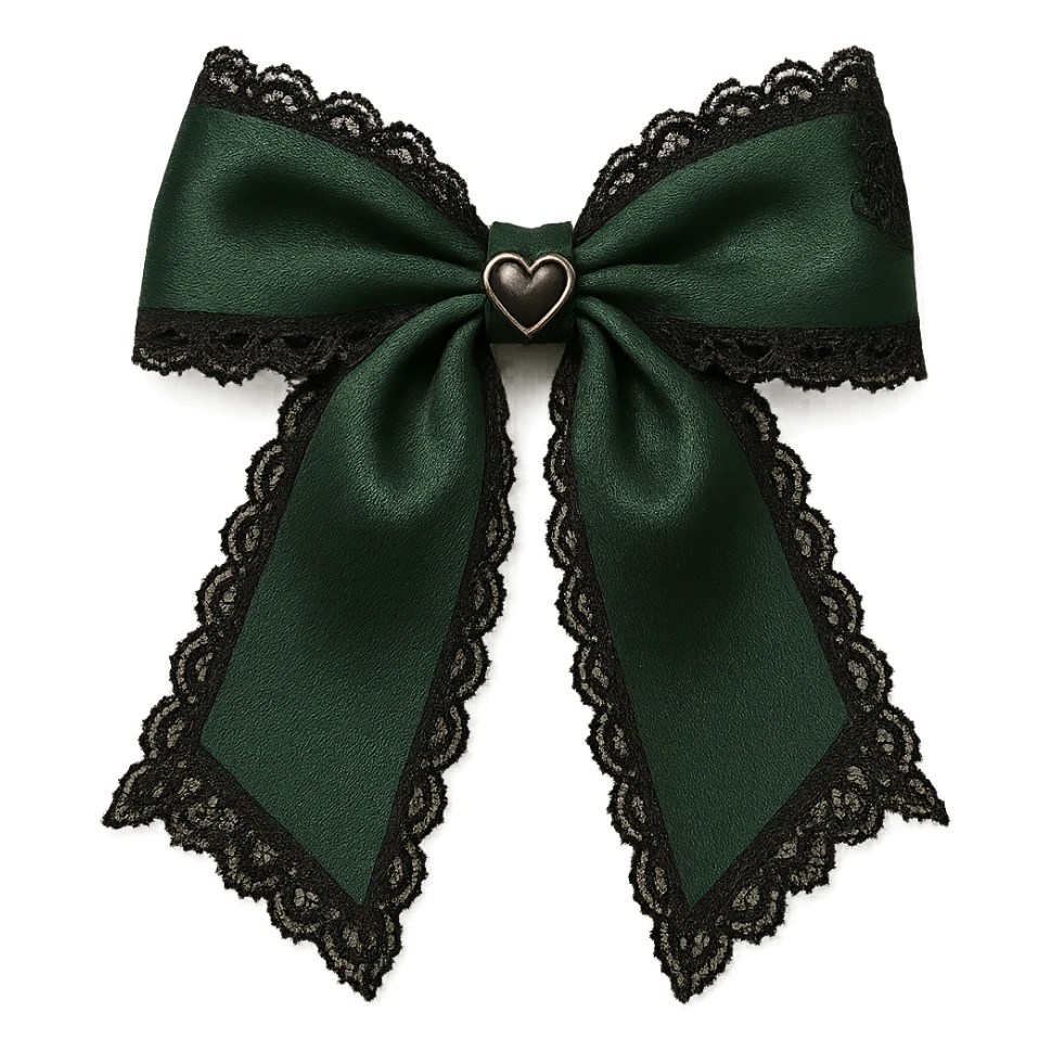 green gothic bow with black lace trim and heart charm, remove background sticker