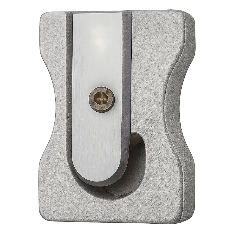 Add realistic colors to the pencil cutter, keeping the handle a standard metallic or plastic color and the blade silver, with no background. The style should look realistic and natural. sticker