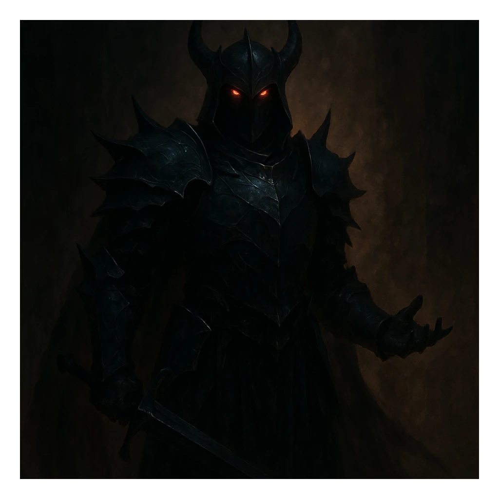 Nightvow, a captain in the DARK army, mysterious and commanding, dark armor, glowing eyes, fantasy villain, dramatic lighting sticker