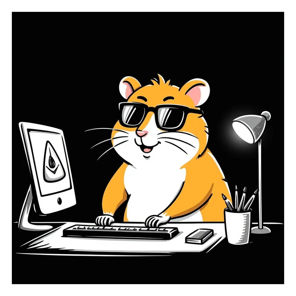 unique, colorful, mature, modern, highly realistic hamster with cool glasses, creating a design or making animations, showing creative action, hand-drawn look, solid black background sticker