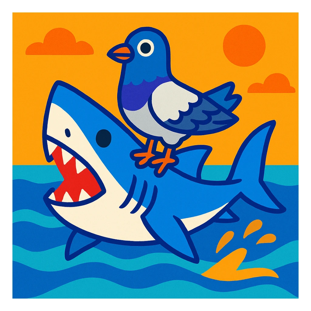 a pigeon riding a shark, vibrant cartoon style sticker