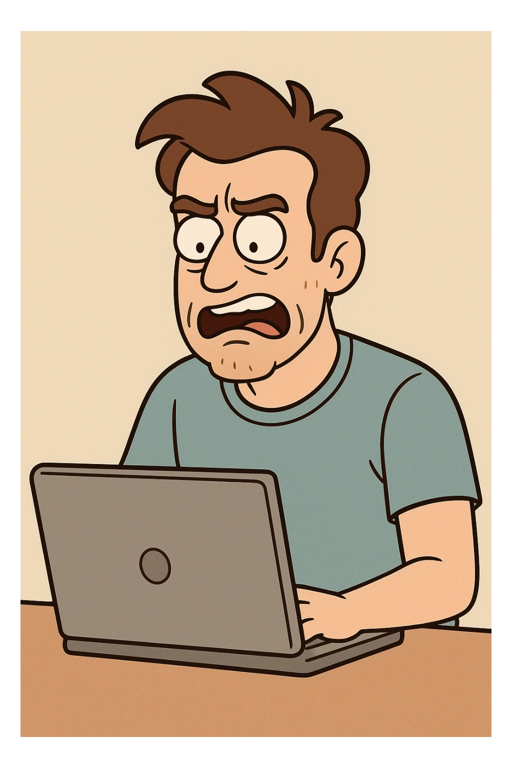 a white man in front of a laptop, cartoon style sticker