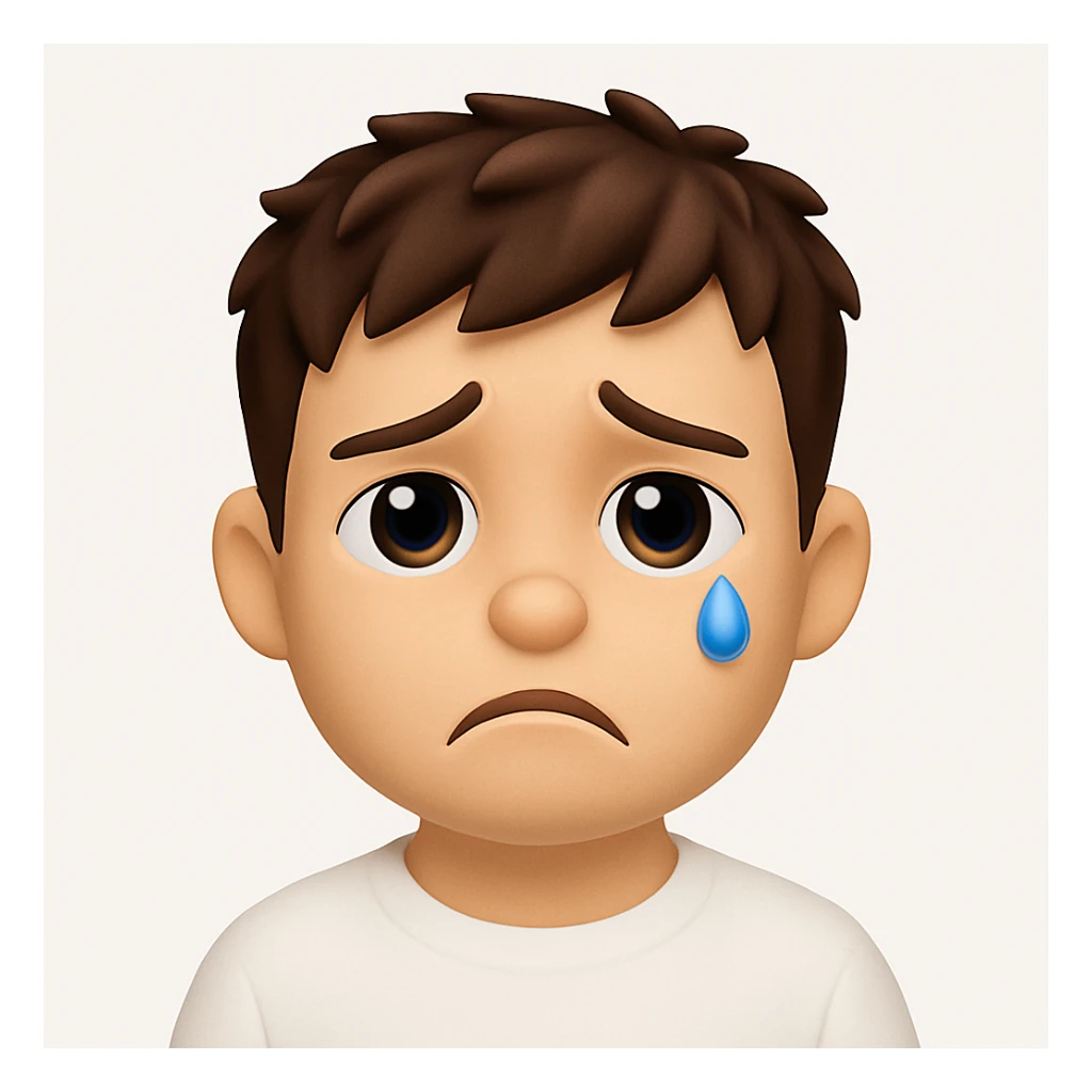 Create a 3D cartoon emoji character with a large head, big eyes, smooth skin, simple features, and a sad face. The style should be clean, modern, and minimalistic with soft lighting and a white background. The character should be front-facing and inspired by the Apple Memoji/Pixar style as shown in the reference image. sticker