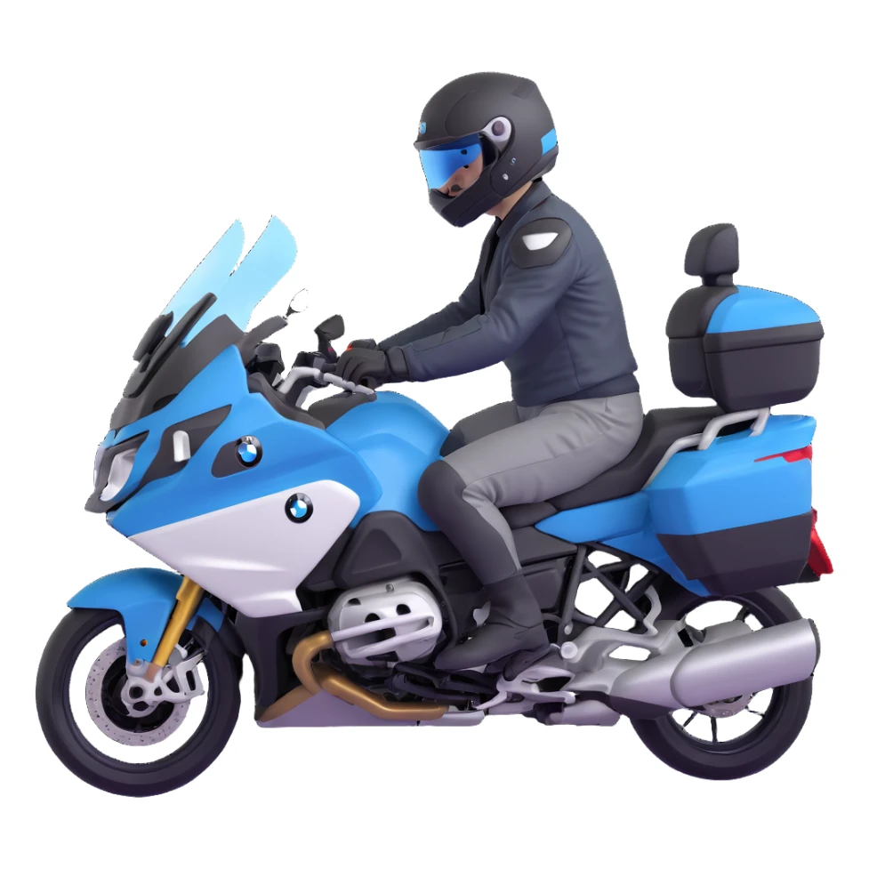 BMW RT1200 touring motorcycle with rider wearing helmet sticker