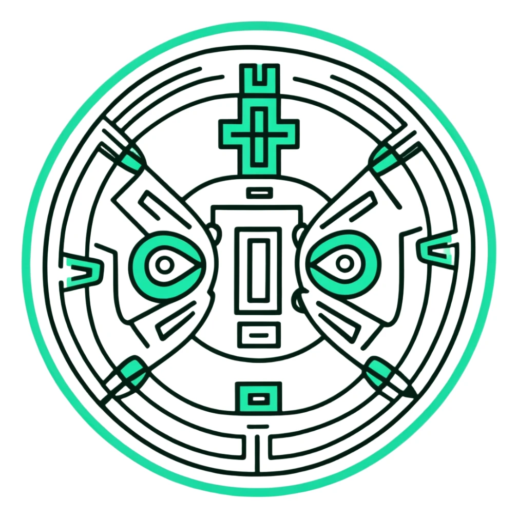 Authentic ancient Maya glyph for communication, pure white background with dark green line art only, minimal geometric shapes, no modern elements sticker