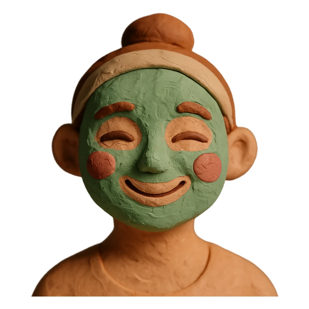 a smiling face covered in green clay mask, claymation style sticker